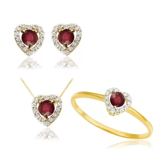Conjunto Corações em Ouro 18K Rubi e Diamantes