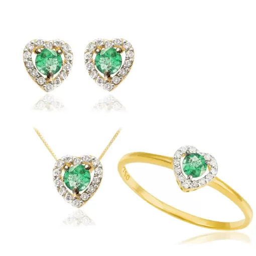 Conjunto Corações em Ouro 18K Esmeraldas e Diamantes