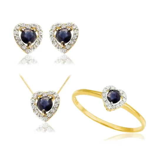 Conjunto Corações em Ouro 18K Safiras e Diamantes