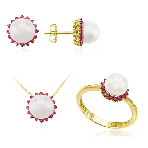 Conjunto em Ouro 18K Pérolas e Rubis