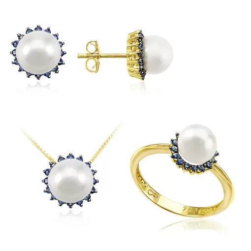 Conjunto em Ouro 18K Pérolas e Safira