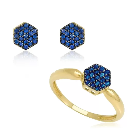Conjunto Sextavado em Ouro 18K e Safiras