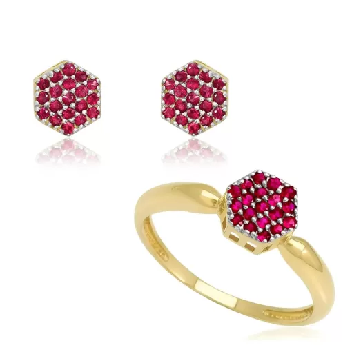 Conjunto Sextavado em Ouro 18K e Rubis