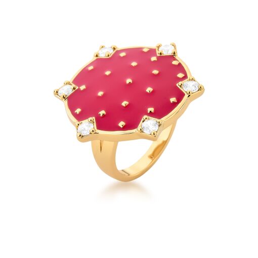 Anel Esmaltado Vermelho com Pontos de Zircônia e Banho de Ouro
