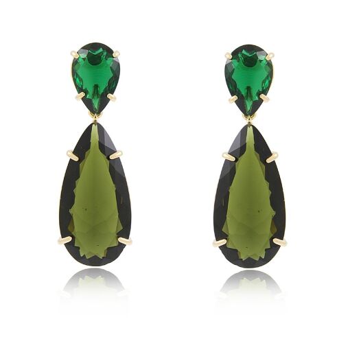 Brinco Gota Longa Cristal Verde banhado a Ouro 18k
