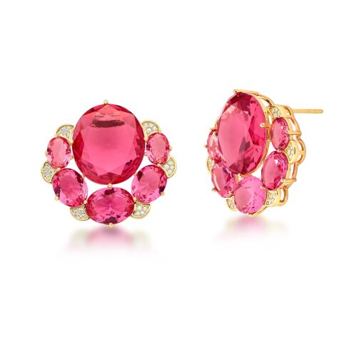 Brinco Flor com Cristais Rosa e cravação em Zircônias