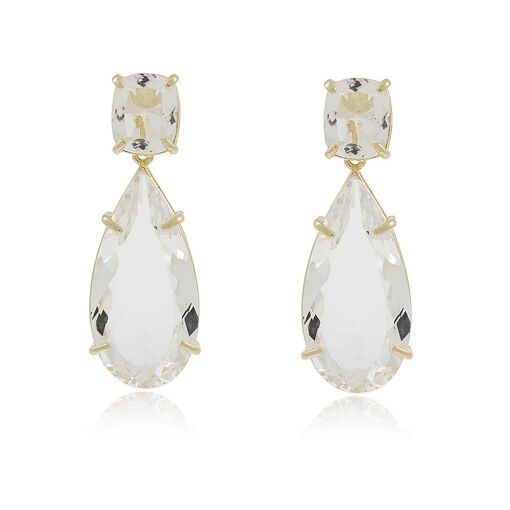 Brinco Gota Longa Cristal Incolor banhado a Ouro 18k