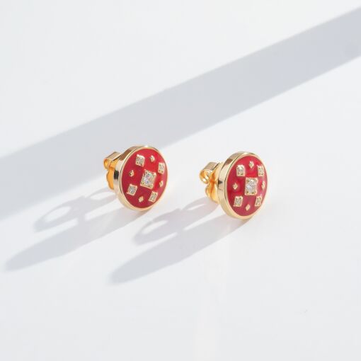 Brinco Botão Esmaltado Vermelho com Pontos de Zircônia