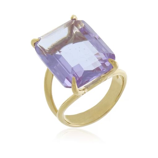 Anel com Cristal Retangular Banhado a Ouro 18k