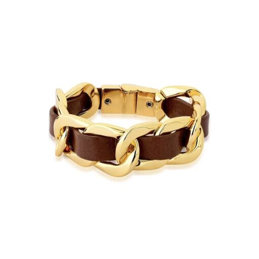 Pulseira de Couro Entrelaçada e Banhada a Ouro 18k