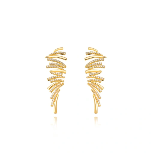 Brinco Longo Luxo Cravejado Banho Ouro 18K