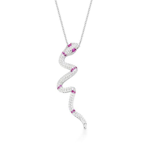 Colar Serpente Zircônia Rosa e Incolor no Banho de Ródio Branco