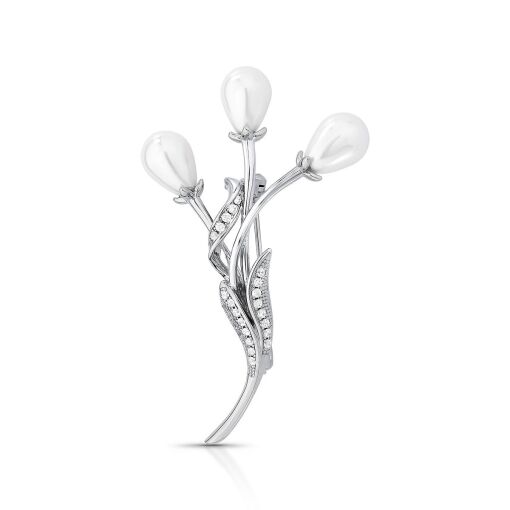 Broche Flor com Perolas Shell em Ródio Branco e Zircônias