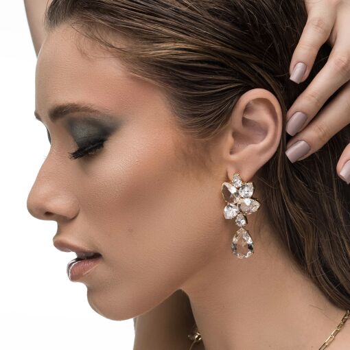 Brinco Com Cristais e Zircônias Incolor banhado a ouro 18k