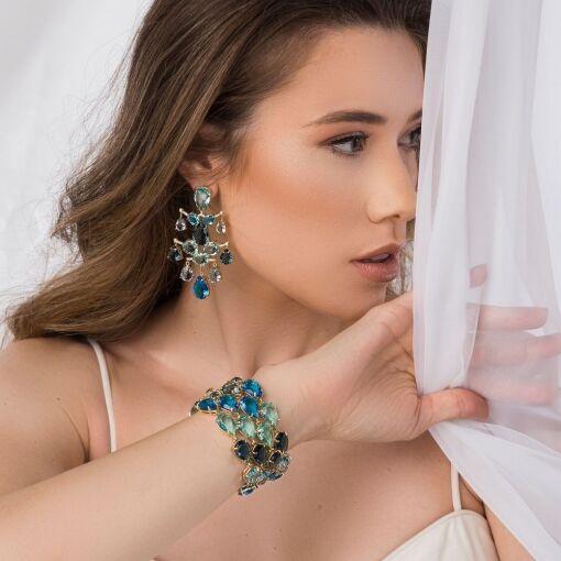 Brinco Maxi Cristais Tons de Azul