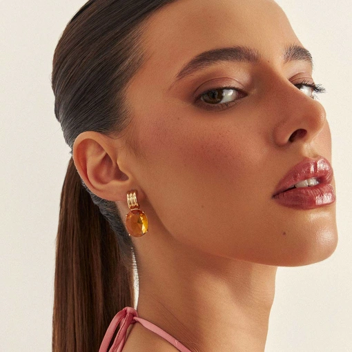 Brinco Pendulo Cristal e Base Meia Argola Lisa Dourado