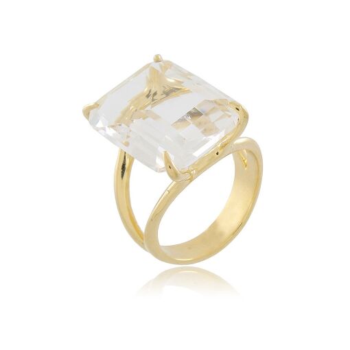 Anel com Cristal Retangular Banhado a Ouro 18k