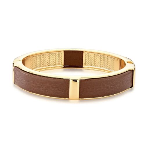 Bracelete Rígido de Couro Banhado a Ouro 18k