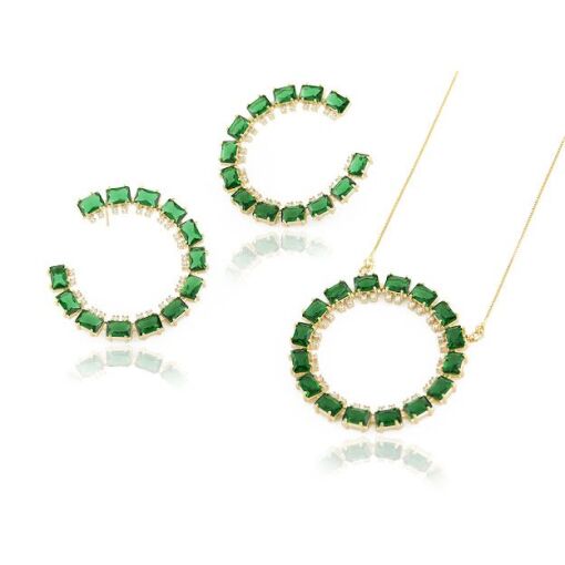 Colar com Pingente Cristal Esmeralda e Zircônias