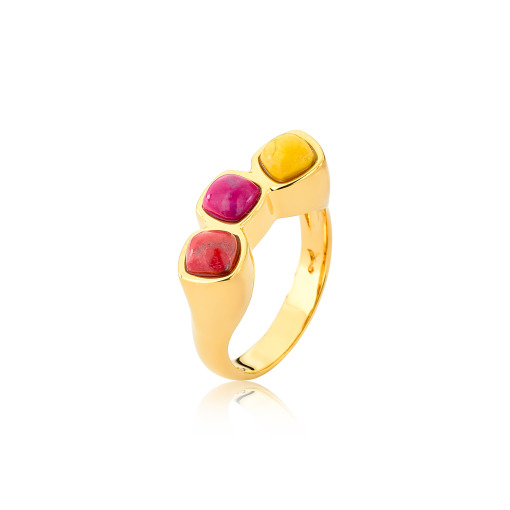 Anel Três Pedras Haulita e Quartzo Banhado a Ouro 18k