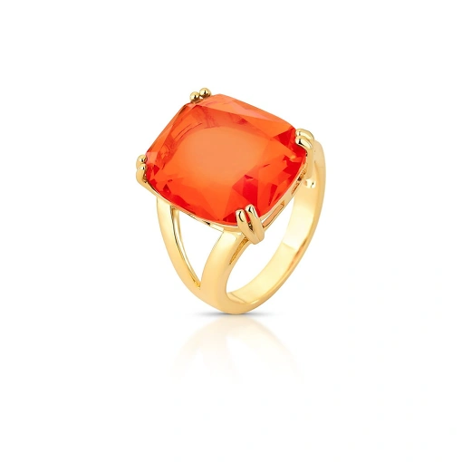 Anel com Cristal Laranja Retangular Vazado
