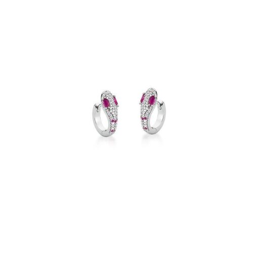 Brinco Serpente Zircônia Rosa e Incolor no Banho Ródio Branco
