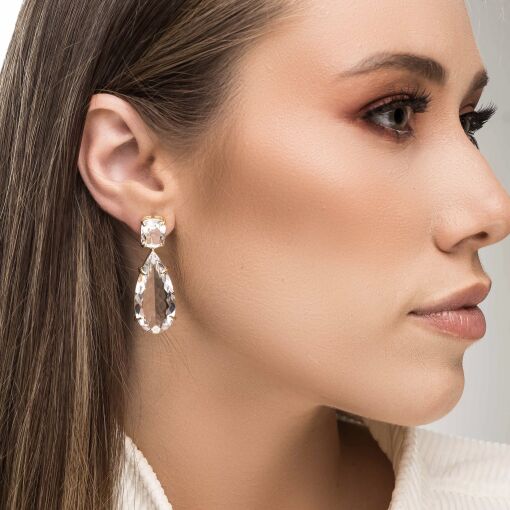 Brinco Gota Longa Cristal Incolor banhado a Ouro 18k