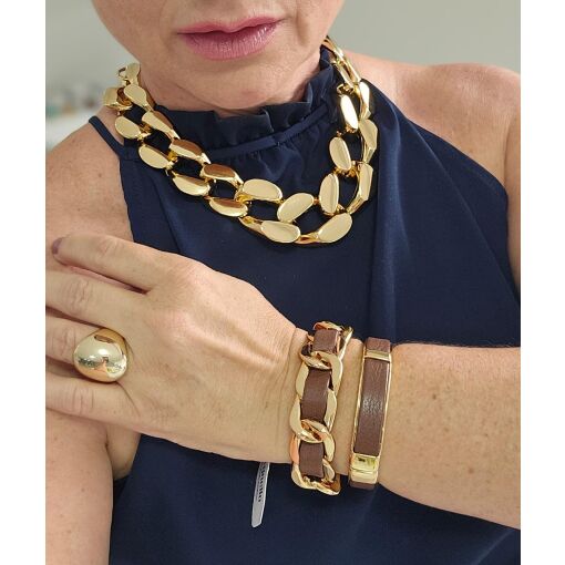 Pulseira de Couro Entrelaçada e Banhada a Ouro 18k