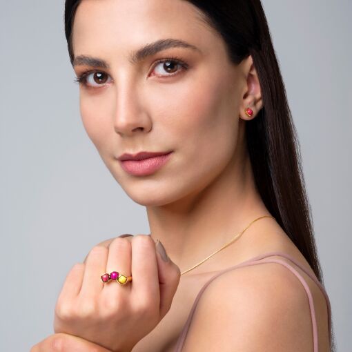 Anel Três Pedras Haulita e Quartzo Banhado a Ouro 18k