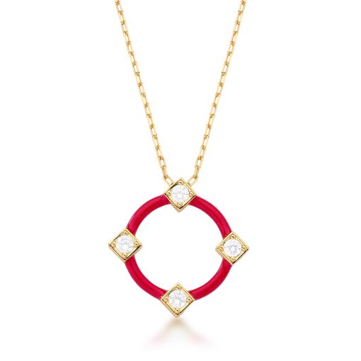 Colar Esmaltado com Pingente Vermelho Vazado e Pontos de Zircôni