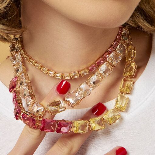 Colar com Cristal Amarelo e Rosa e Banho de Ouro 18k