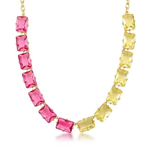 Colar com Cristal Amarelo e Rosa e Banho de Ouro 18k