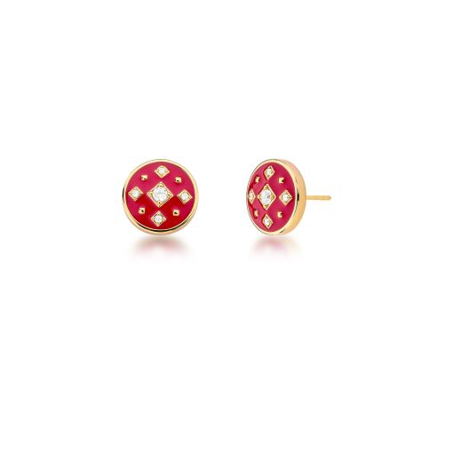 Brinco Botão Esmaltado Vermelho com Pontos de Zircônia