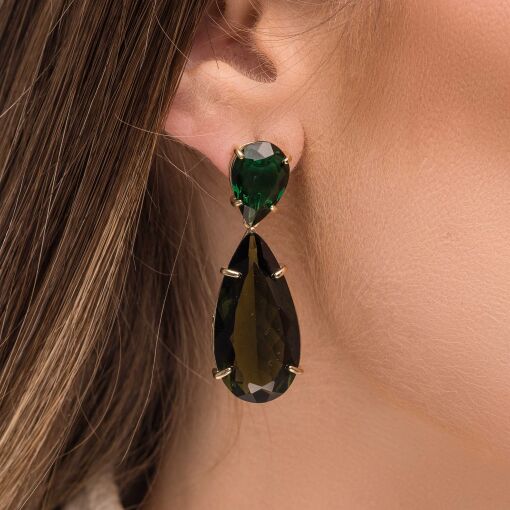 Brinco Gota Longa Cristal Verde banhado a Ouro 18k