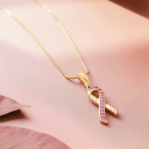 Colar Outubro Rosa Banho de Ouro 18k e Zircônias Rosa