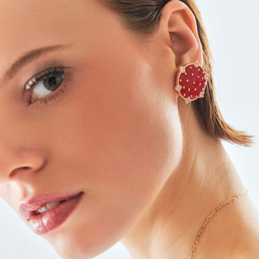 Brinco Botão Esmaltado Vermelho com Pontos de Zircônia