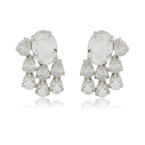 Brinco com Cristal Oval e Zircônias em cascata Ródio Branco