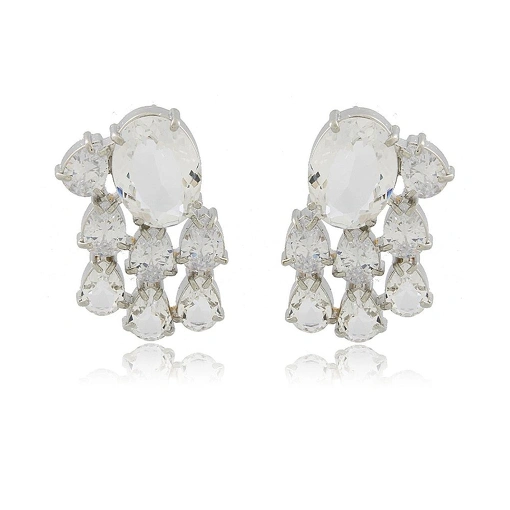 Brinco com Cristal Oval e Zircônias em cascata Ródio Branco