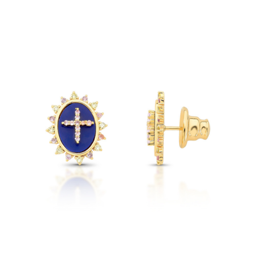 BRINCO CRUCIFIXO OVAL AZUL OURO