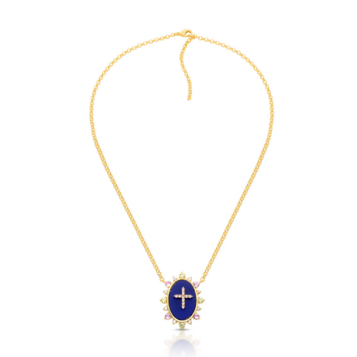 COLAR CRUCIFIXO OVAL AZUL OURO