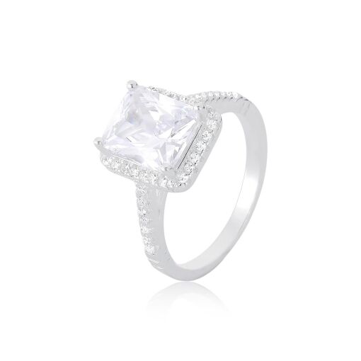 Anel Prata 925 - Retangular com Cravejado