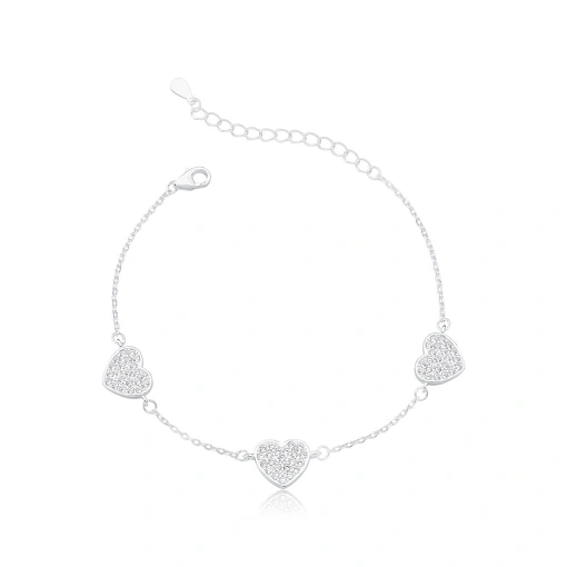 Pulseira Corações Cravejados - Prata 925