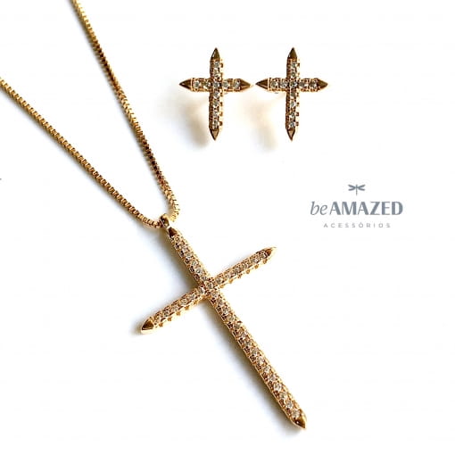 Conjunto cruz cravejada gold