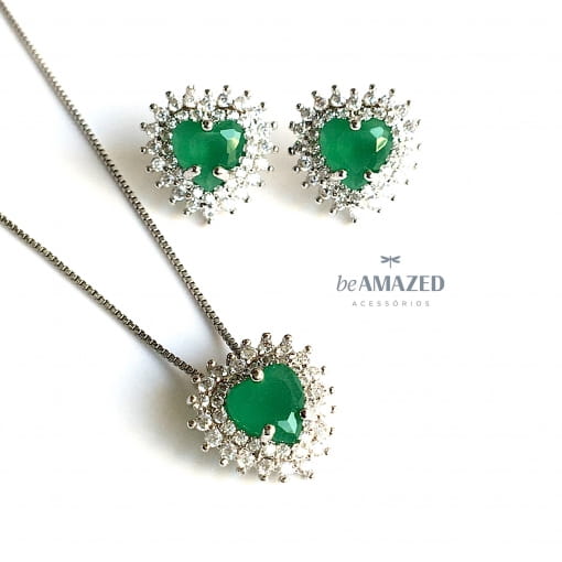 Conjunto coração esmeralda P cravejado