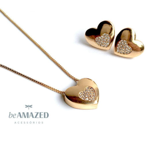Conjunto coração gold cravejado