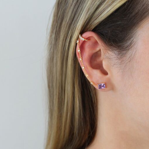 Brinco Ear Cuff com pontos de luz e zircônia retangular