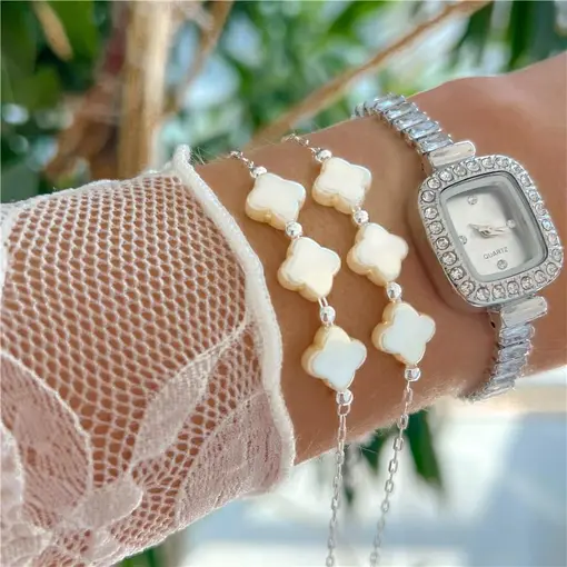 Cy6543 - Pulseira Pérola 18Cm Elo Cadeado 3 Trevos Pérolas 10Mm