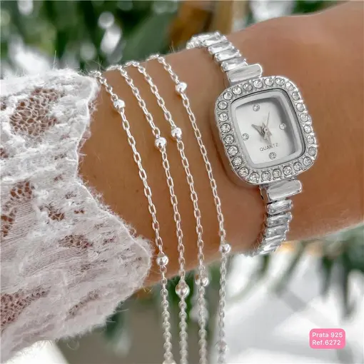 Cy6272 - Pulseira 18Cm Elo Cadeado Longo Bolinhas 3Mm