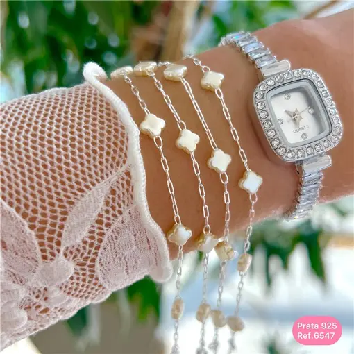 Cy6547 - Pulseira Pérola 18Cm Elo Cadeado Longo 6 Trevos Pérola