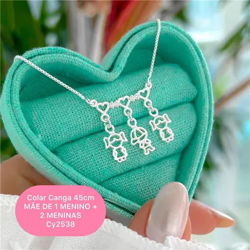 Cy2538 - Colar Canga Corações 45Cm Mãe De Duas Meninas E Um Meni